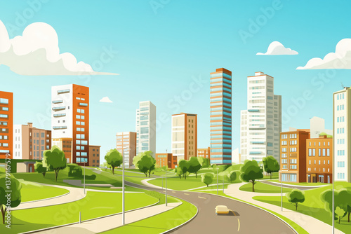 Illustration of a city with high-rise buildings, green lawns and a road.
