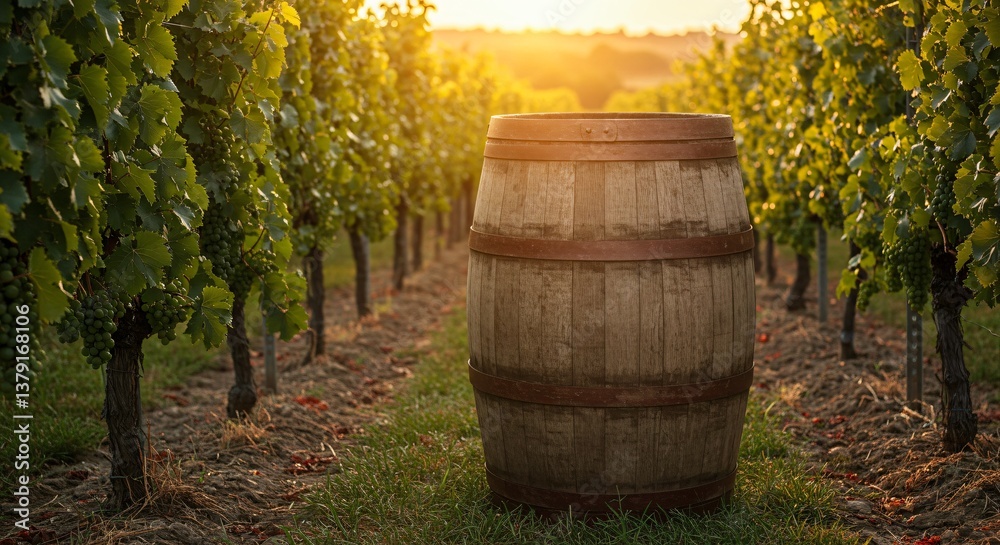 Barrel Standing Amidst Lush Vineyards Row at Warm Golden Hour Sunset Offering A Rustic Vintage Aesthetic For Promoting Wine Tourism and Celebrating Annual Autumn Harvest Barrel Standing Amidst Lush Vineyards Row at Warm Golden Hour Sunset Offering A Rustic Vintage Aesthetic For Promoting Wine Tourism and Celebrating Annual Autumn Harvest