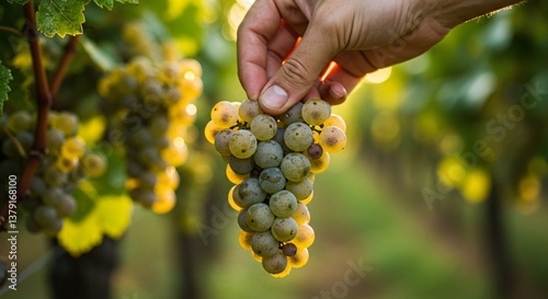 Man holding grapes in vineyard at golden hour. Harvesting ripe vine grapes for winemaking. Concept for viticulture, wine production, agriculture and autumn harvest season.