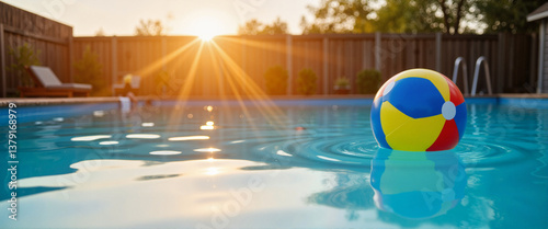 Serene swimming pool with beach ball at sunset, summer relaxation