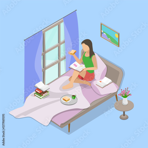 3D Isometric Flat Vector Illustration of Literature Fan, Resting and Reading a Book at Home