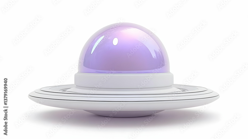 Fototapeta premium Isolated Three Dimensional Rendering of Flying Saucer with Purple Dome and White Body on White Background for Creative Use