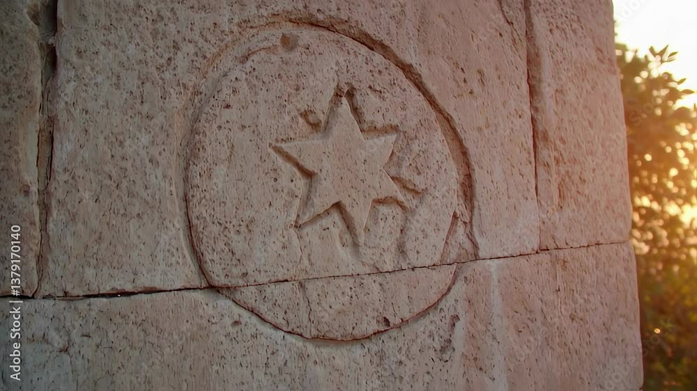Ancient Star of David carved in weathered stone with soft sunset light, historic symbol
Ancient Star of David carved in weathered stone with soft sunset light, historic symbol