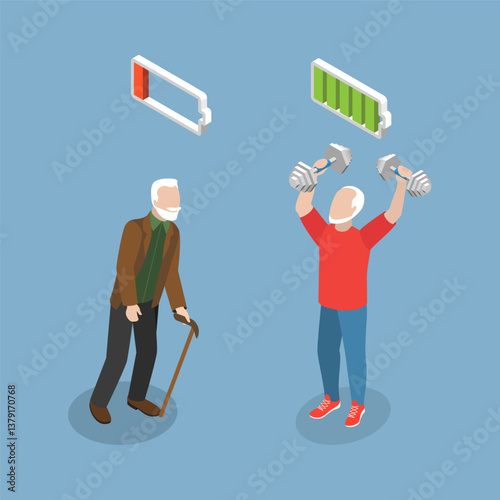 3D Isometric Flat Vector Illustration of Active And Inactive Person in Old Age, Happy and Healthy Aging
