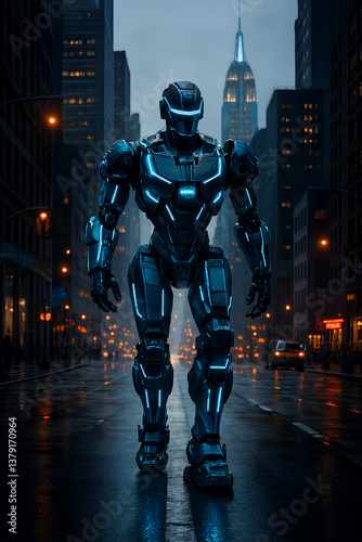 Futuristic Cyborg in Neon-Lit City Street at Night
