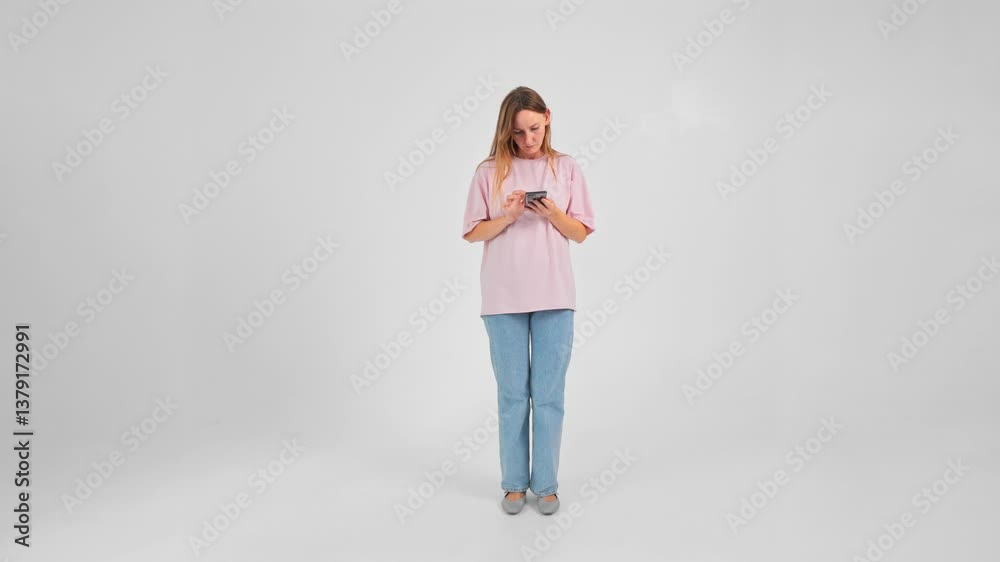 Isolated view of Caucasian woman texting message on smartphone and walking on the spot filmed in slow motion on white background. Slow motion of concentrated young adult lady using mobile and moving Isolated view of Caucasian woman texting message on smartphone and walking on the spot filmed in slow motion on white background. Slow motion of concentrated young adult lady using mobile and moving