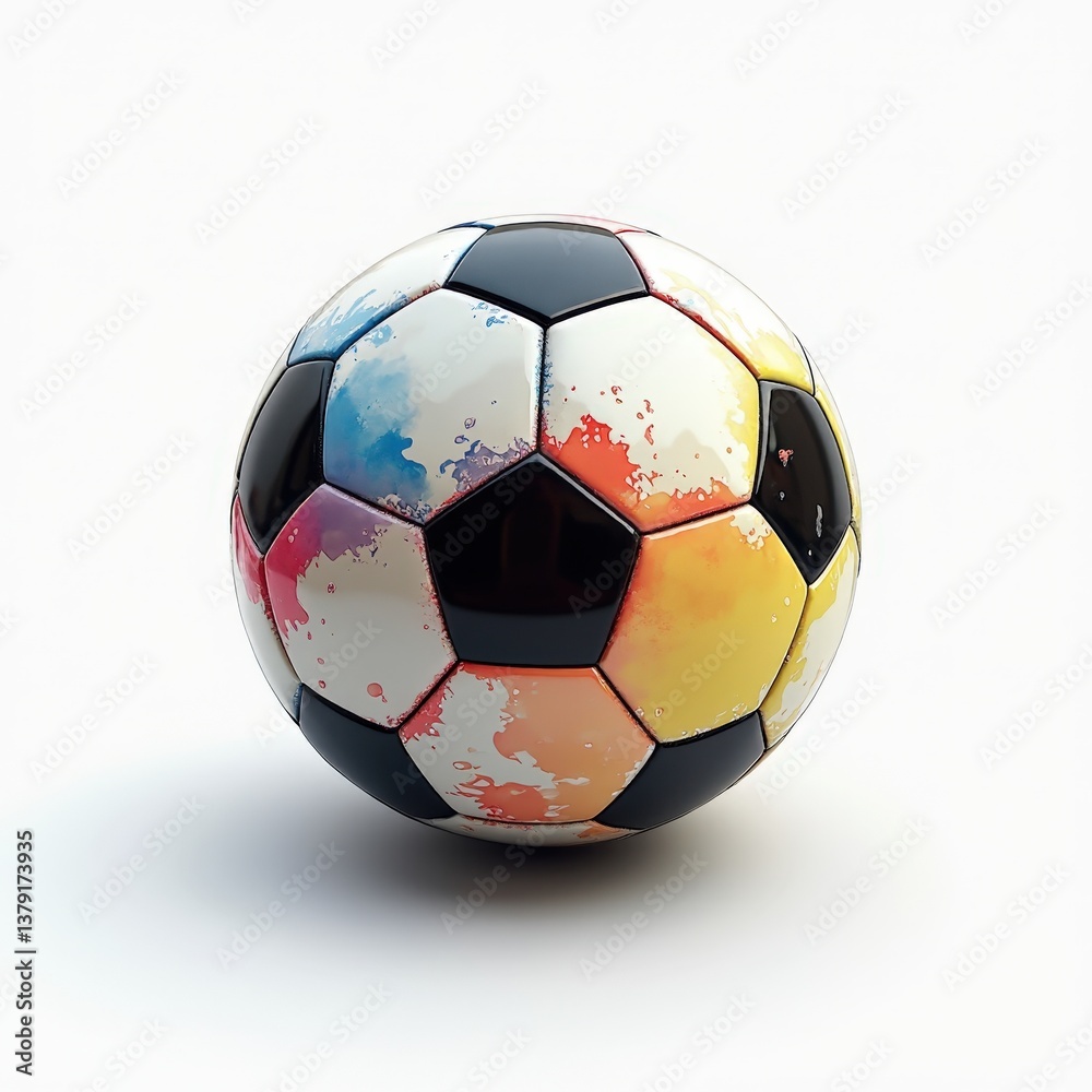 Fototapeta premium A vibrant soccer ball positioned on a plain white background, capturing its dynamic design and the excitement of the game