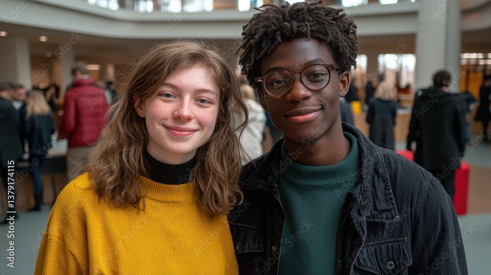 Obraz premium Two young individuals, a girl with wavy hair in a yellow sweater and a boy with glasses in a black jacket, pose happily at an indoor event surrounded by people