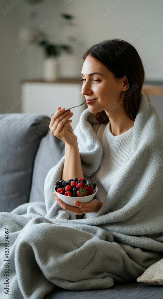 Young caucasian female relaxing with a bowl of mixed berries at home Young caucasian female relaxing with a bowl of mixed berries at home