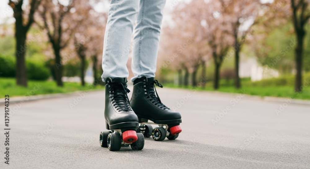 Young caucasian teen in black roller skates on park path in spring Young caucasian teen in black roller skates on park path in spring
