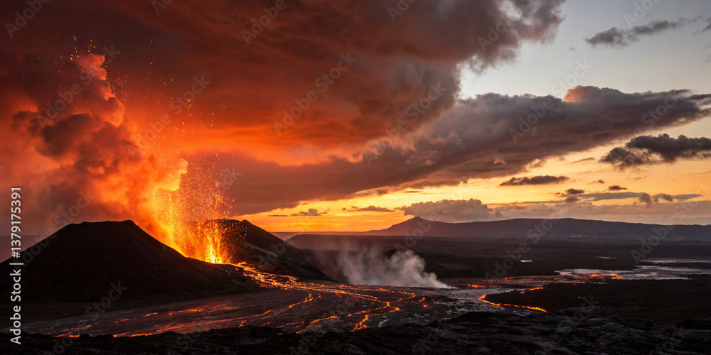 Fototapeta premium Volcanic Eruption at Sunset with Fiery Sky