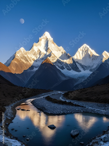 Panoramic view to summit Ama Dablam and snow peaks with beautiful light after sunset in Nepal