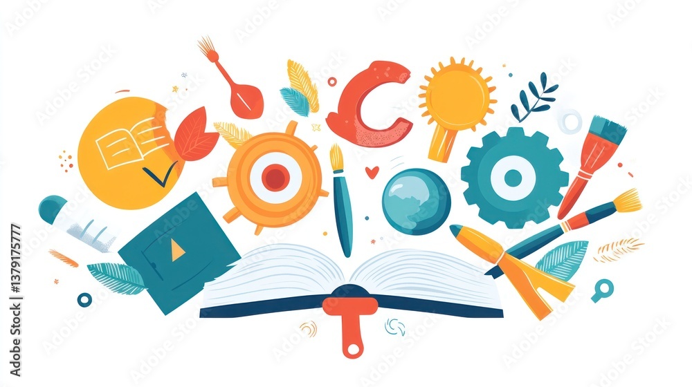 Obraz premium Open book surrounded by creative tools, concept image