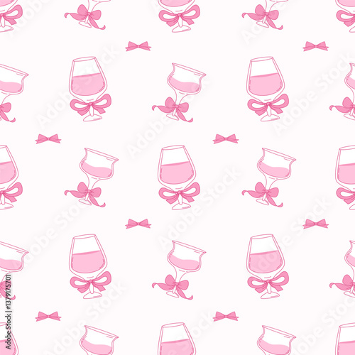Vintage Seamless Pattern Pink Glass Cocktail with Coquette Ribbon Bow on White Background. Aesthetic Drink. Romantic Girly Vibe beverage. Trendy backdrop template. Vector illustration