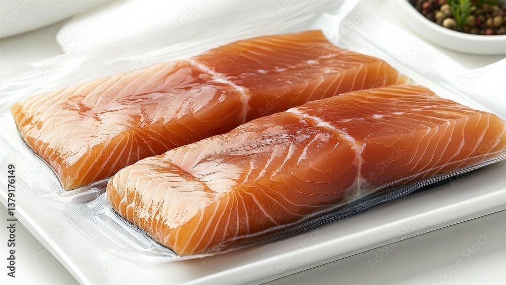 Fresh Salmon Fillets in Vacuum Packaging Ready for Cooking Fresh Salmon Fillets in Vacuum Packaging Ready for Cooking