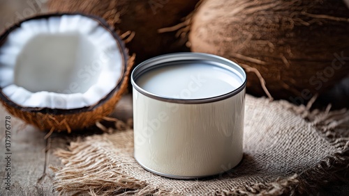 Coconut Milk in Can Surrounded by Whole Coconuts