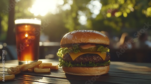A Delicious Gourmet Burger Beside a Cold Beverage and Fries