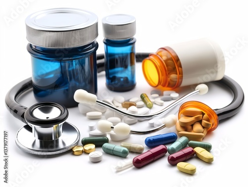Medical Essentials: A vibrant assortment of prescription pills and medicines is artfully arranged alongside a stethoscope, symbolizing health and pharmaceutical care.