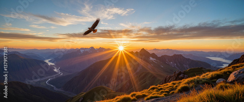 Majestic sunset over rugged mountains with soaring eagle, wilderness beauty