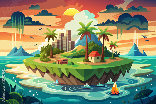 vector of An island in the Pacific faces growing environmental challenges due to rising temperatures and changing weather patterns