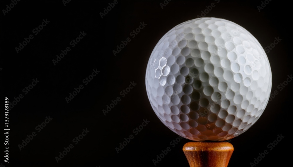 Close-up of golf ball with dimples on wooden tee against black background Close-up of golf ball with dimples on wooden tee against black background