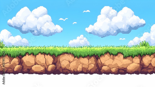 Pixel Art Landscape with Green Grass Hill Under Blue Sky and Fluffy Clouds, Simple Game Background with Detailed Ground Terrain and Distant Flying Birds