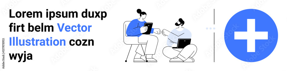 Two individuals discuss and review digital content on tablets and laptops beside a large medical cross. Ideal for healthcare, teamwork, tech support, education, telemedicine, innovation, simple Two individuals discuss and review digital content on tablets and laptops beside a large medical cross. Ideal for healthcare, teamwork, tech support, education, telemedicine, innovation, simple