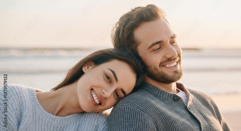 Young caucasian couple relaxing on beach at sunset with smiles and contentment Young caucasian couple relaxing on beach at sunset with smiles and contentment