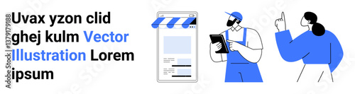 Digital storefront with worker holding a tablet and customer gesturing feedback. Ideal for e-commerce, customer interaction, logistics, business growth, service support, retail operations, simple