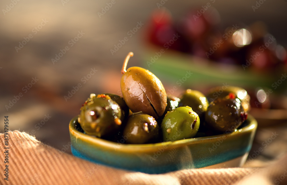 Fototapeta premium Olives, homemade marinated colorful olives with herbs and spices on rustic table, close up. Healthy Mediterranean vegan food. 
