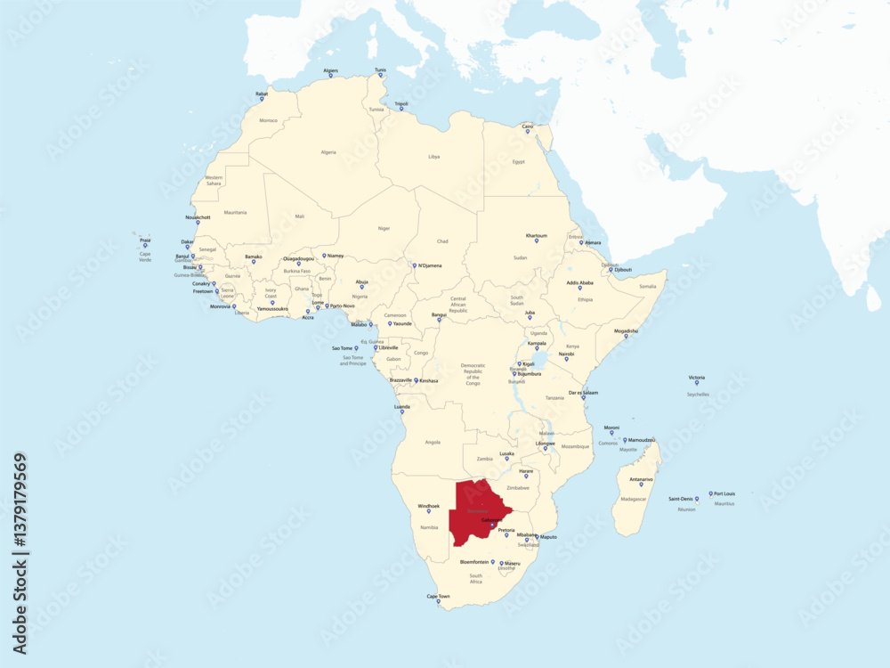 Fototapeta Detailed national location map of BOTSWANA within the great continent of Africa