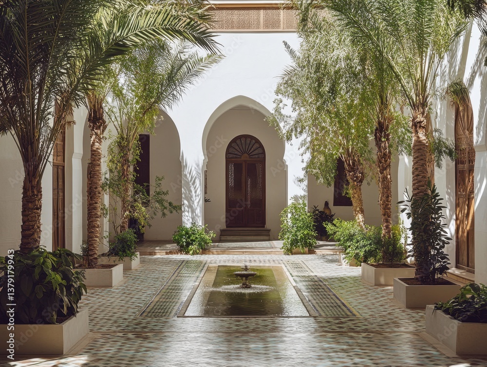 Fototapeta premium A courtyard with a fountain and palm trees. The courtyard is white and has a lot of greenery
