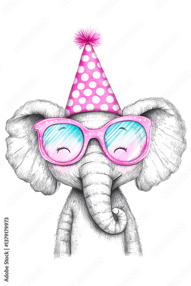 Fototapeta premium Cute Baby Elephant with Colorful Festive Party Hat and Glasses Portrait Graphic Isolated on White Background