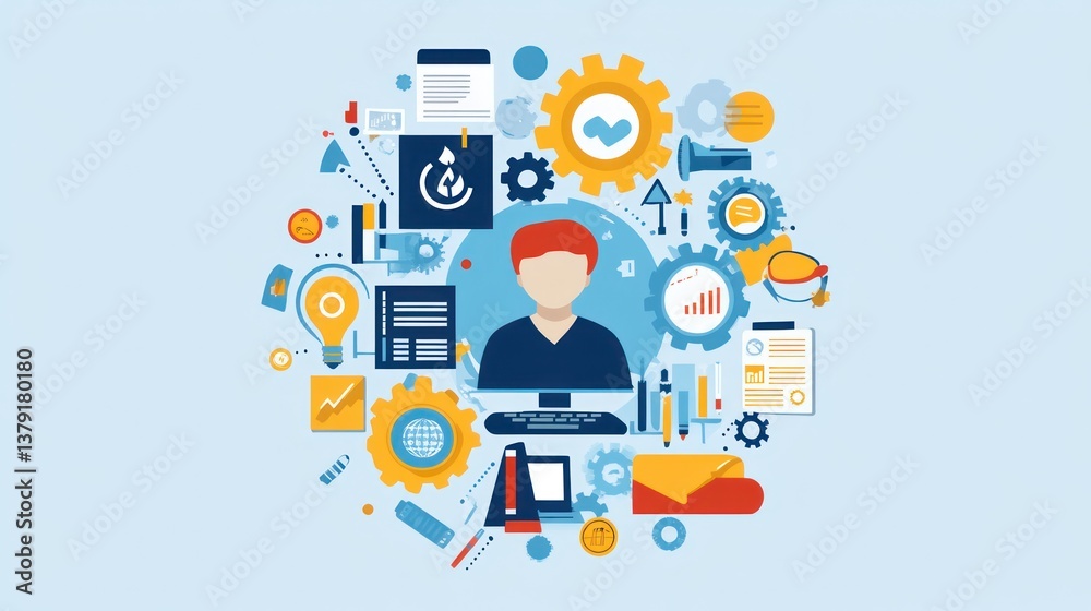 Business person surrounded by icons, illustrating teamwork and innovation. Use Stock photo for business, teamwork, and productivity concepts Business person surrounded by icons, illustrating teamwork and innovation. Use Stock photo for business, teamwork, and productivity concepts