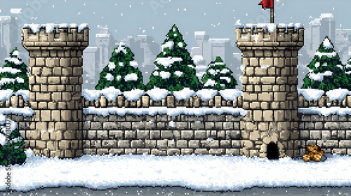 Pixel Art Snowy Castle Wall with Trees and Distant City Skyline Under Grey Sky in Winter Season