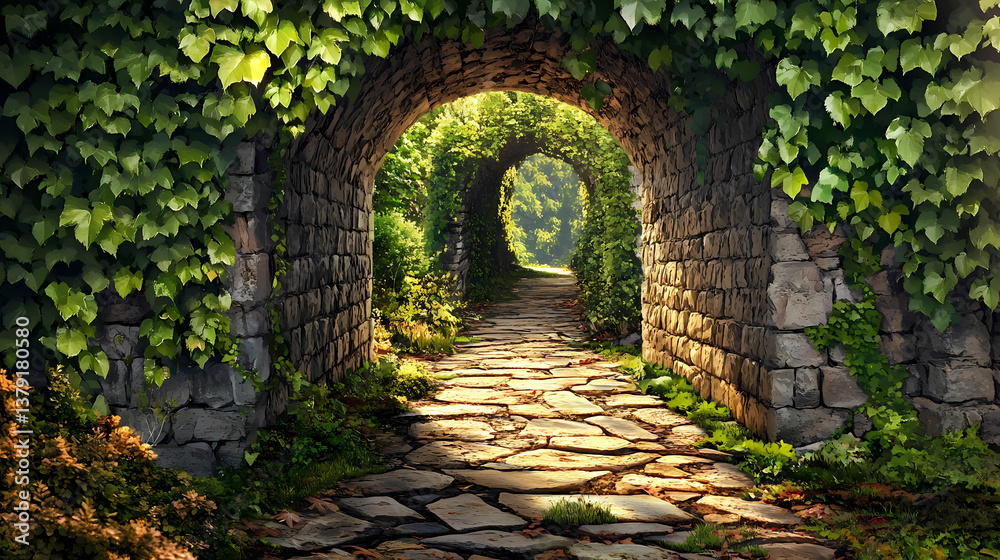 Fototapeta premium Ancient stone pathway ivy covered walls scene. Stone-Sealed Secret. Illustration