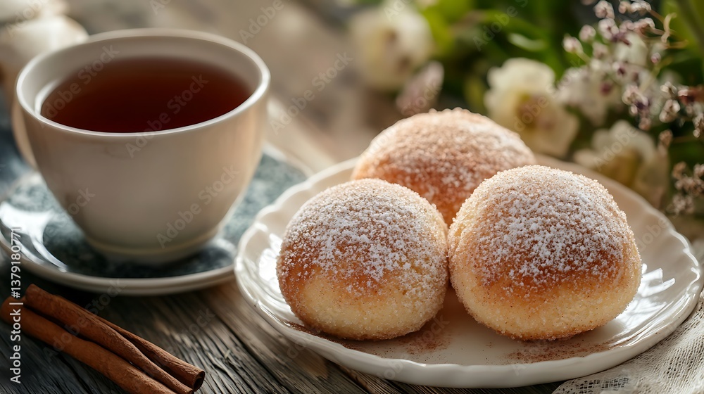 Still life of tea and pastry, capturing a quiet moment with warm hues, soft textures, and a comforting ambiance. Bolinho de chuva Still life of tea and pastry, capturing a quiet moment with warm hues, soft textures, and a comforting ambiance. Bolinho de chuva