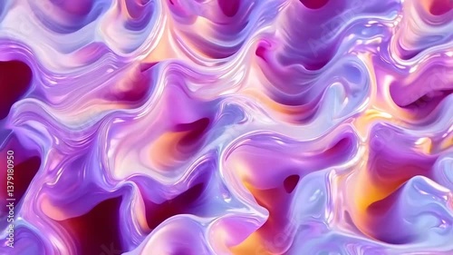 A vibrant abstract background featuring flowing waves of purple, pink, and orange hues. The smooth, glossy texture creates a sense of movement and depth, ideal for artistic designs. 