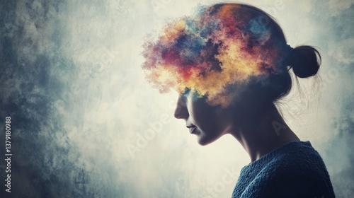  Surreal profile of a woman with colorful clouds symbolizing imagination and thought