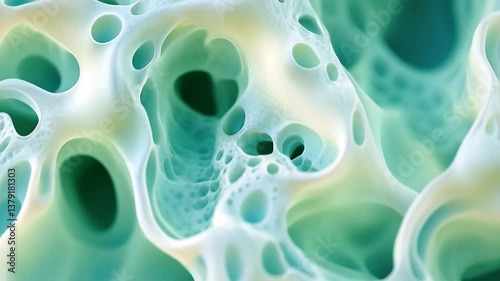 An abstract close-up of a textured surface with organic shapes and bubbles, featuring soft green and white hues, creating a fluid and ethereal appearance. Mineral pattern texture macro background.