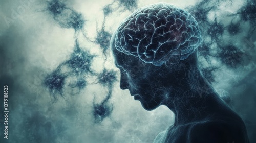  Digital figure with glowing brain and neural network connections