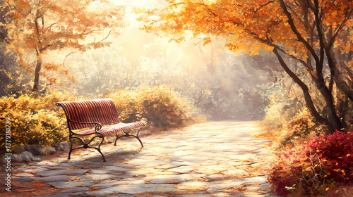 Serene garden bench, sunlit stone path, autumn leaves. Stone-Sealed Secret. Illustration