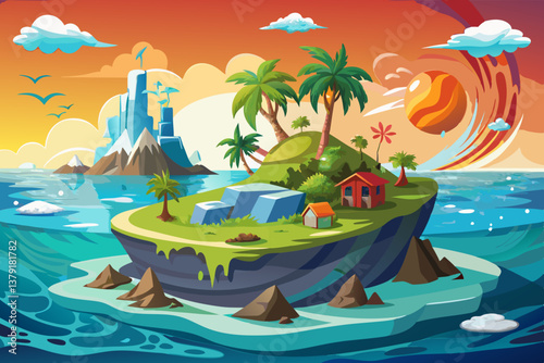 vector of An island in the Pacific faces growing environmental challenges due to rising temperatures and changing weather patterns
