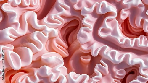 A close-up view of abstract, wavy, pink and white textures resembling soft, flowing fabric or organic forms. The image showcases intricate folds and curves, creating a visually dynamic surface.