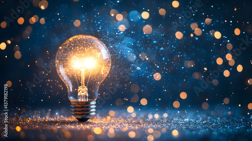 Glowing light bulb on a sparkling background. 