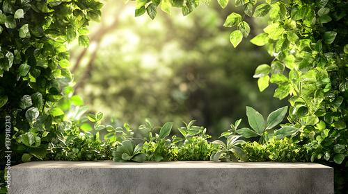 Stone platform with lush green foliage. Natural beauty, product display, or eco-friendly design.