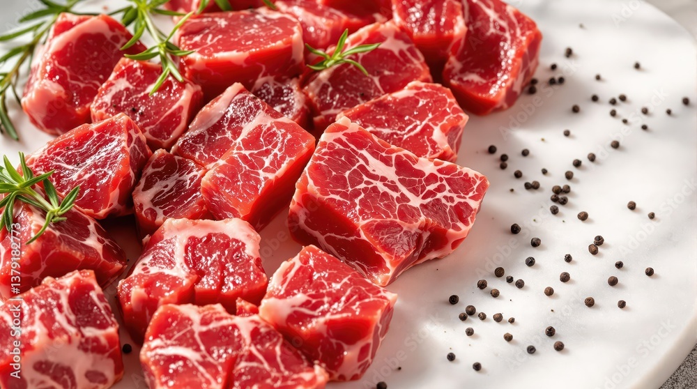 Chopped steak cubes arranged on white marble cutting board, raw beef with visible marbling, rosemary and black peppercorn garnish, natural light food photography