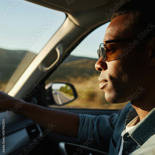 African male adult driving car in sunlit scenic landscape