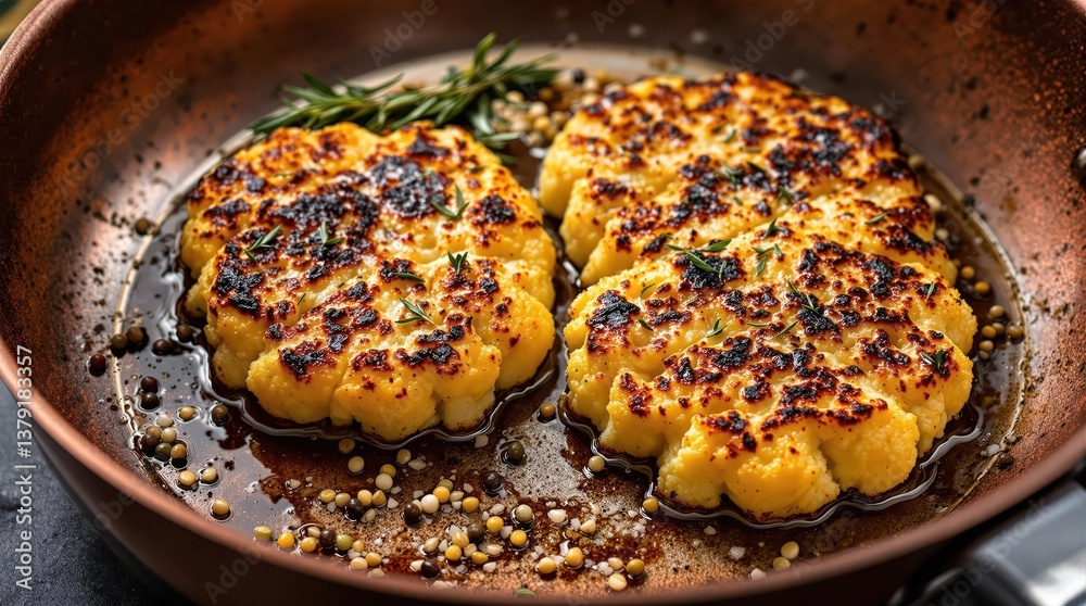 Cauliflower steaks sizzling in copper pan with rosemary, garlic, multicolored peppercorns and sea salt, golden caramelization, balsamic reduction drizzle, cooking moment Cauliflower steaks sizzling in copper pan with rosemary, garlic, multicolored peppercorns and sea salt, golden caramelization, balsamic reduction drizzle, cooking moment