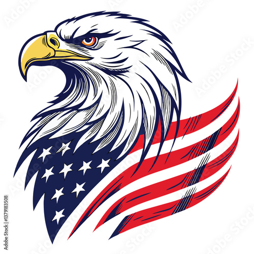 Patriotic Bald Eagle Illustrations – Majestic American Symbol with USA Flag Elements, Flying and Perched Poses, Perfect for Independence Day and Wildlife Designs.